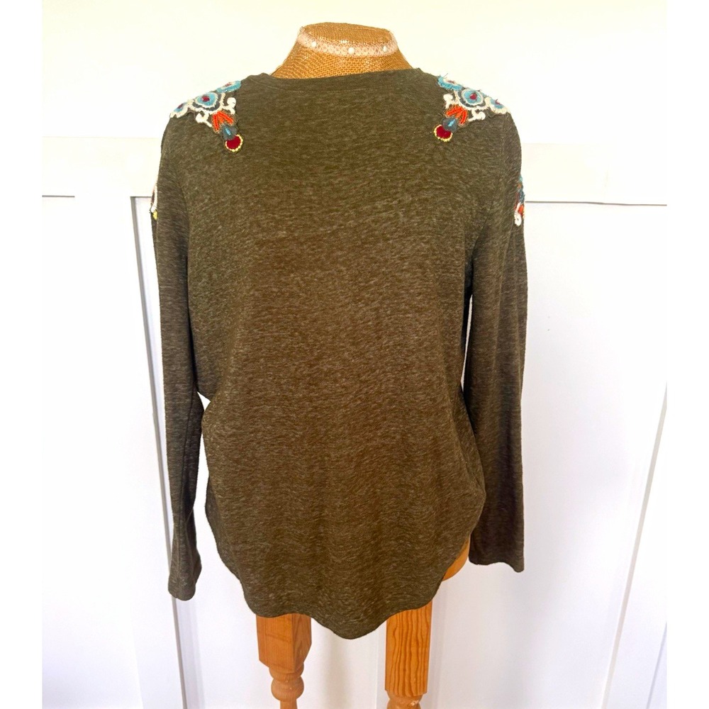 Zara Crew Neck Pullover Top Medium green earth tone Embroidered Shoulders boho
